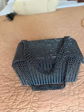 Black Beaded Evening Shoulder Bag - Unbranded
